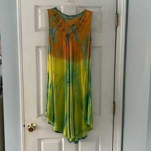 Bohemian one size tie dye beach cover-up, casual island wear. Beaded neckline!